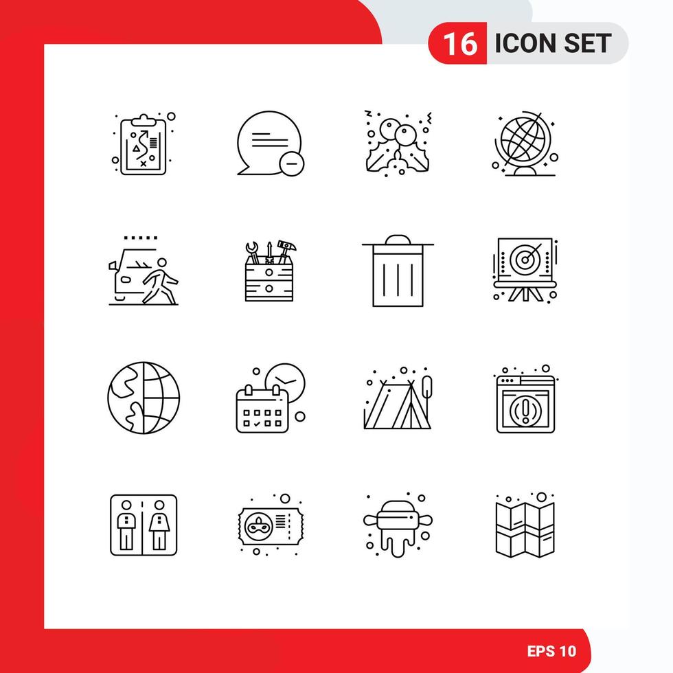 Stock Vector Icon Pack mit 16 Linienzeichen und Symbolen für Straßengefahr, Weihnachtsauto-Globus, editierbare Vektordesign-Elemente