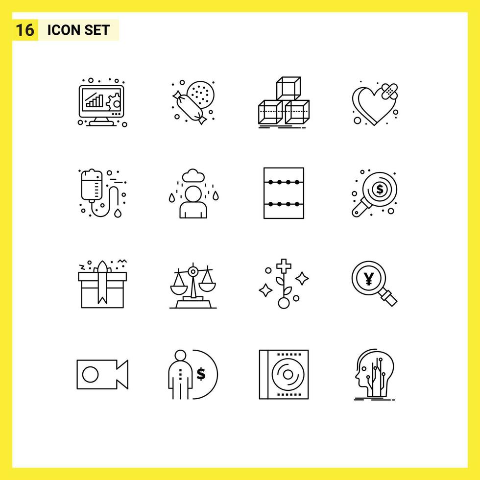 Stock Vector Icon Pack mit 16 Zeilenzeichen und Symbolen für das Design von medizinischen Taschen Herzzerfall editierbare Vektordesign-Elemente