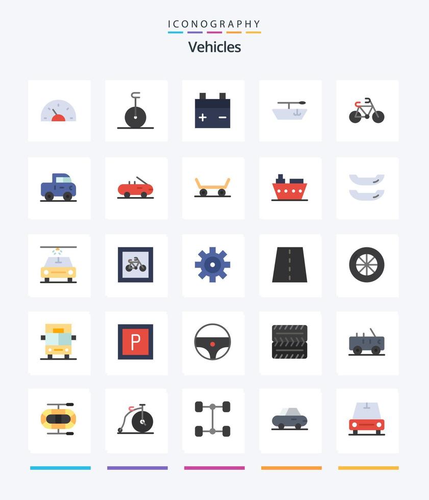 kreative Fahrzeuge 25 Flat Icon Pack wie Pickup. Auto. Batterie. Transport. Fahrrad vektor