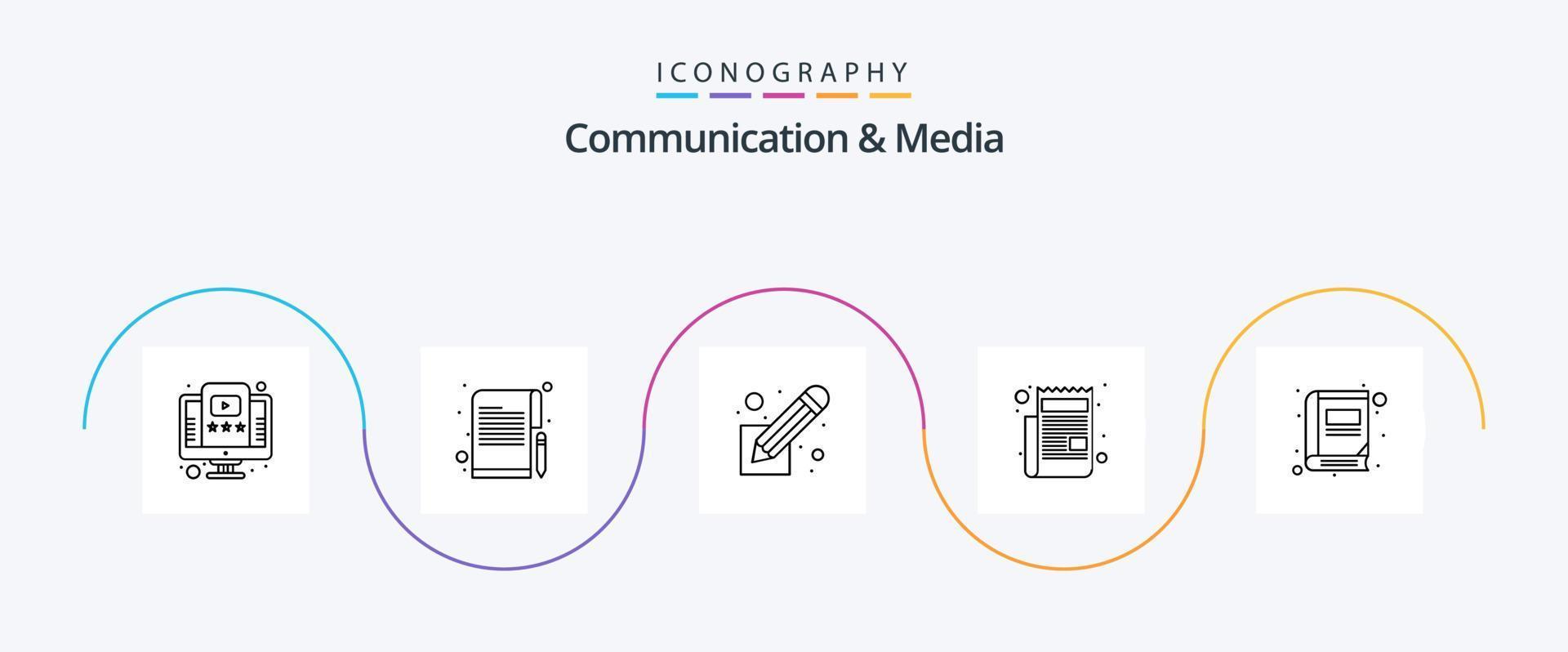 Kommunikations- und Medienlinie 5 Icon Pack inklusive Bibliothek. Skript. Drehbuch. Papier. Nachricht vektor