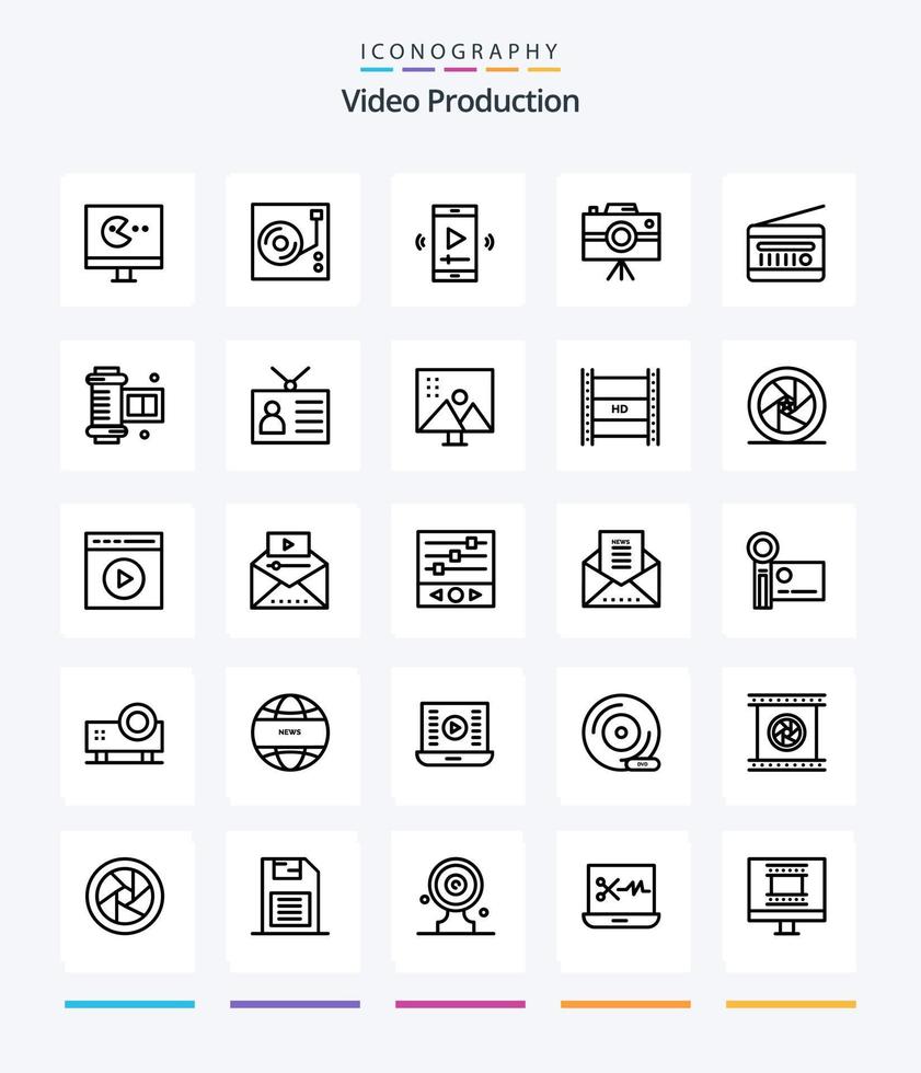 kreativ video produktion 25 översikt ikon packa sådan som professionell kamera. handkamera. . videokamera. video spelare vektor