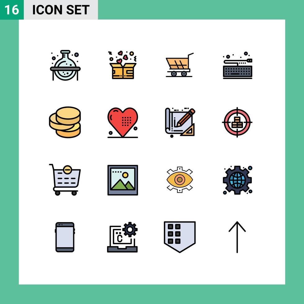 moderner Satz von 16 flachen, farbgefüllten Linien und Symbolen wie Bargeld-Tastatur-Liebesschlüssel kaufen editierbare kreative Vektordesign-Elemente vektor