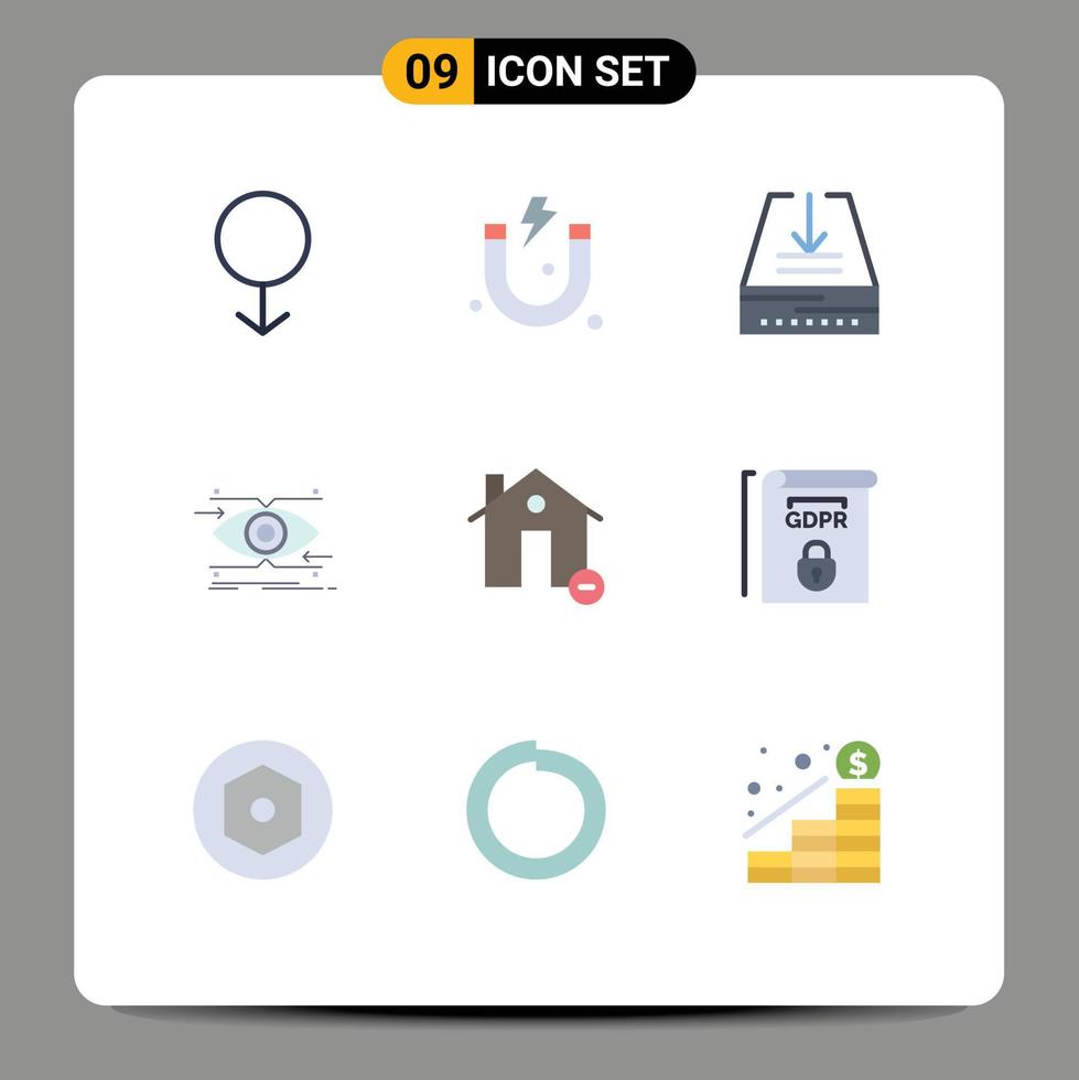 9 flaches Farbpaket der Benutzeroberfläche mit modernen Zeichen und Symbolen von Immobiliengebäuden Posteingang Vision Fokus editierbare Vektordesign-Elemente vektor