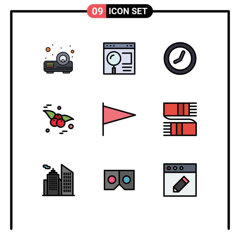 Packung mit 9 modernen Filledline-Flachfarben Zeichen und Symbolen für Web-Printmedien wie Zubehör Flagge Uhr Land Lebensmittel editierbare Vektordesign-Elemente vektor