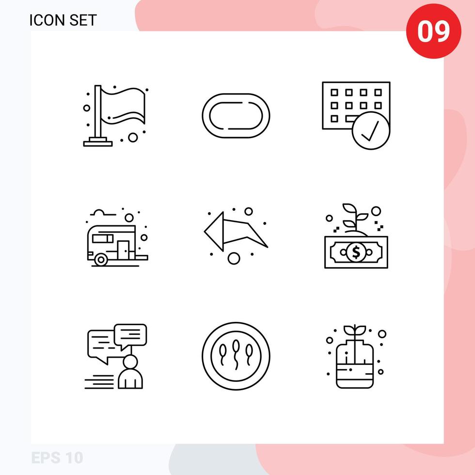 Packung mit 9 modernen Umrissen Zeichen und Symbolen für Web-Printmedien wie linke Sommergeräte Camping Bus Weg editierbare Vektordesign-Elemente vektor