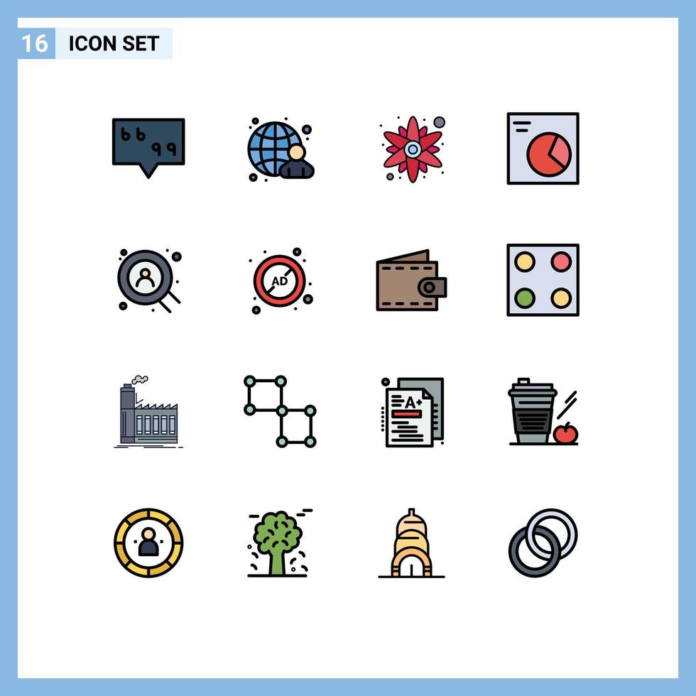 Gruppe von 16 flachen, farbgefüllten Linien Zeichen und Symbole für Ad-Block-Benutzer Blumensuche Wireframe editierbare kreative Vektordesign-Elemente vektor