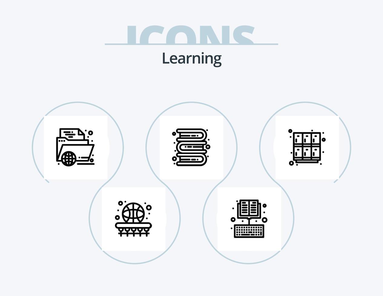 inlärning linje ikon packa 5 ikon design. internet. inlärning. böcker. spel. korg vektor