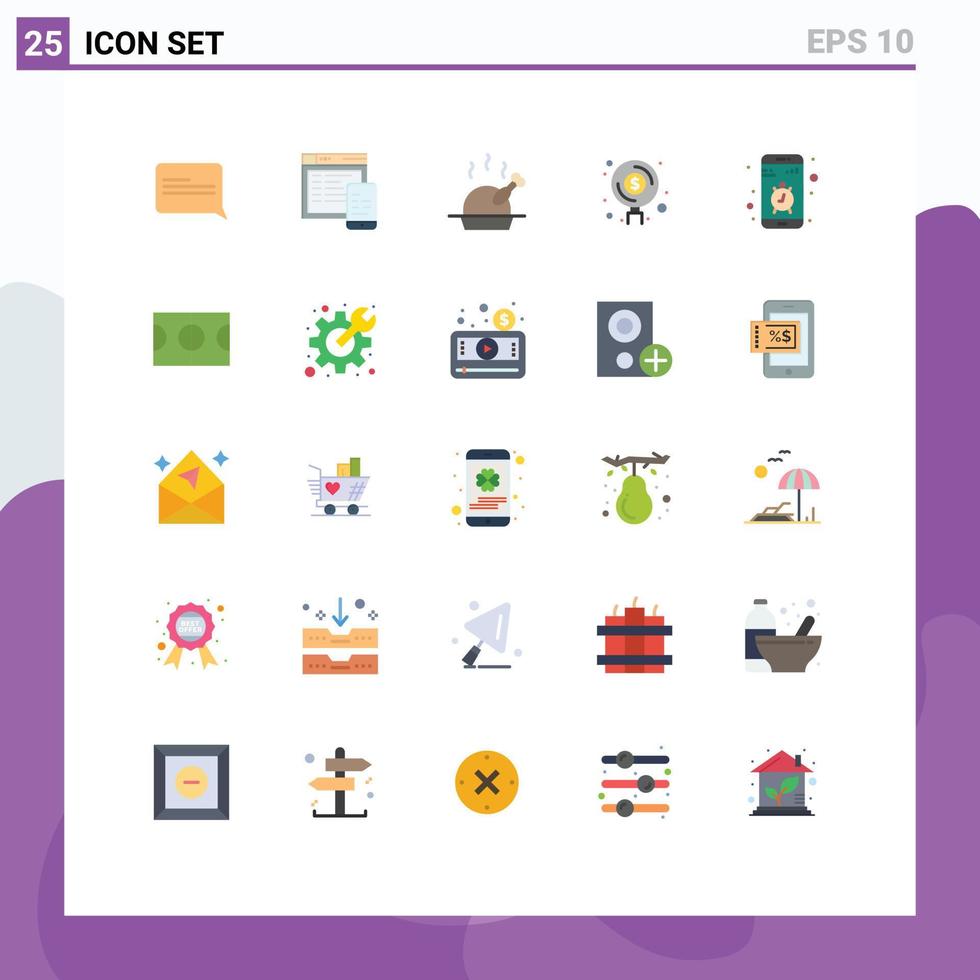 25 användare gränssnitt platt Färg packa av modern tecken och symboler av mobil app mat pengar medel redigerbar vektor design element