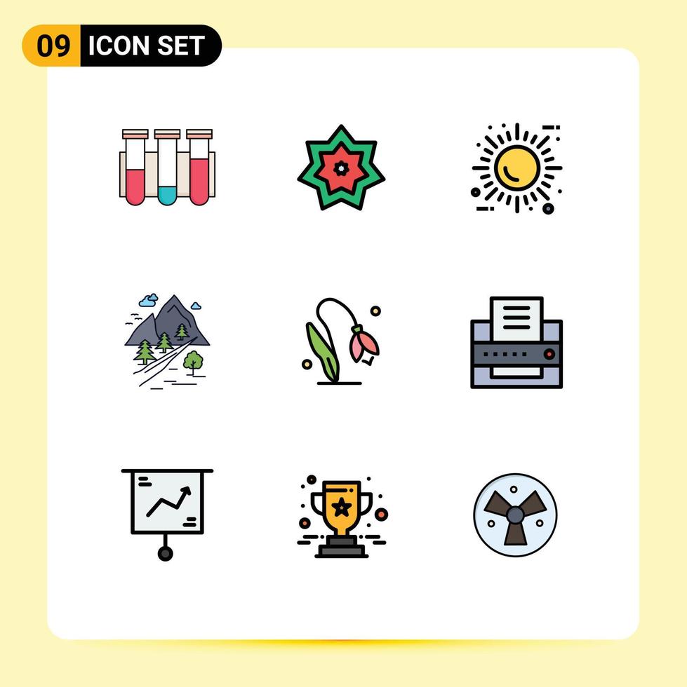 Stock Vector Icon Pack mit 9 Zeilenzeichen und Symbolen für Hill Rocks Month Environment Eco editierbare Vektordesign-Elemente