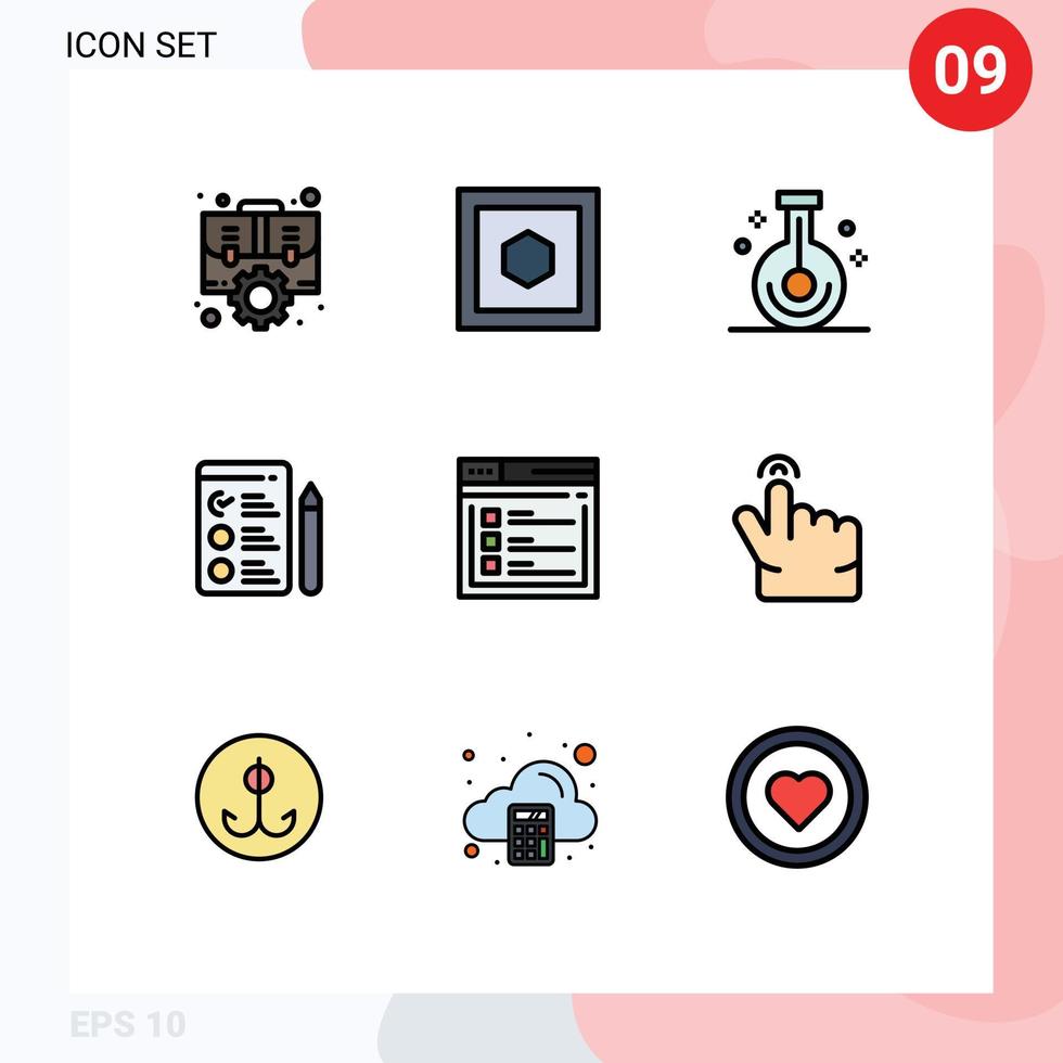 mobil gränssnitt fylld linje platt Färg uppsättning av 9 piktogram av sida jobb Sök bägare jobb vetenskap redigerbar vektor design element