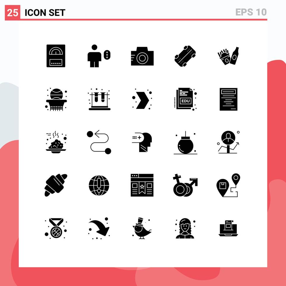 25 universelle solide Glyphen für Web- und mobile Anwendungen. Amerikanische Flaschenkamera Sport Skate editierbare Vektordesign-Elemente vektor