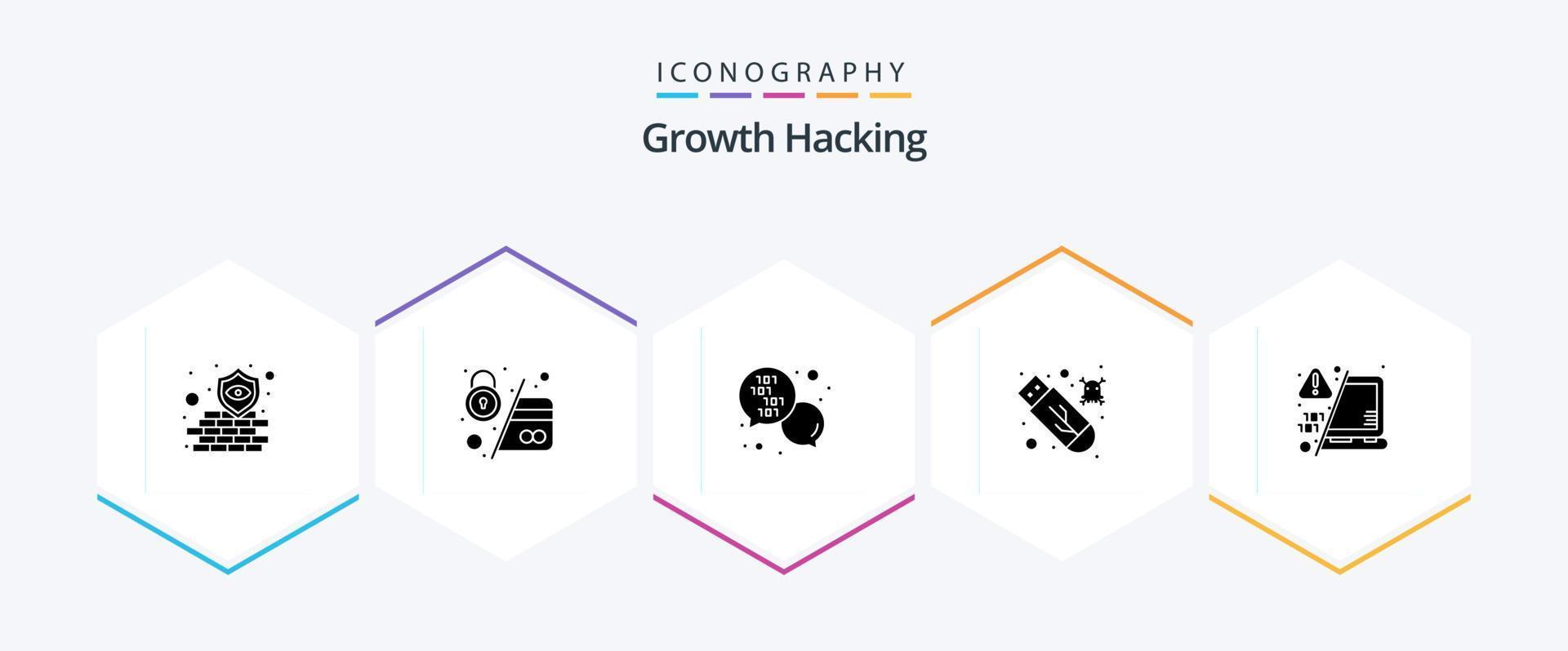 Hacking 25 Glyphen-Icon-Pack inklusive Dekodierung. USB. sicher. Stock. Nachricht vektor