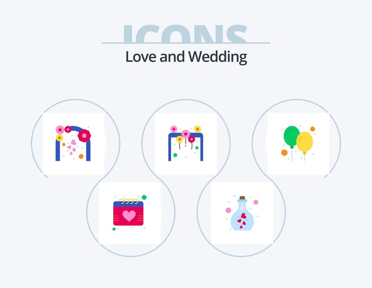 bröllop platt ikon packa 5 ikon design. blommor. kärlek. vin. båge. dekoration vektor