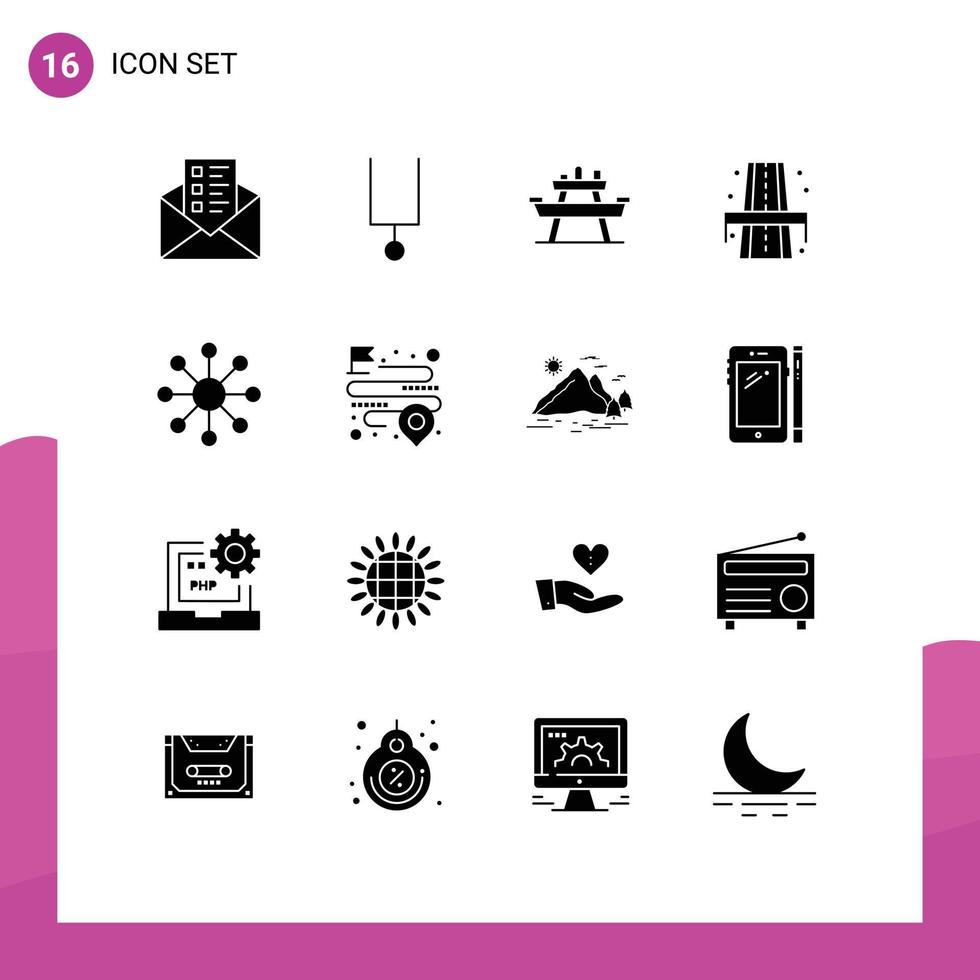 solides Glyphenpaket mit 16 universellen Symbolen für das Web-Netzwerk Park Way Life editierbare Vektordesign-Elemente vektor