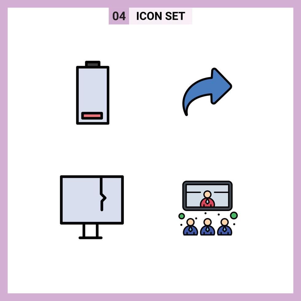 Bearbeitbares Vektorlinienpaket mit 4 einfachen Fülllinien-Flachfarben der Batteriewarnung Energierichtung PC-bearbeitbare Vektordesign-Elemente vektor