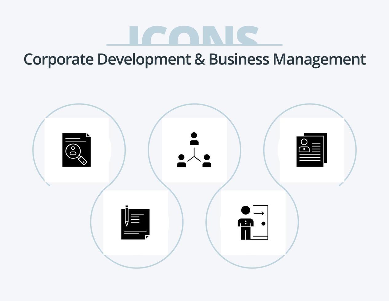 Unternehmensentwicklung und Unternehmensführung Glyph Icon Pack 5 Icon Design. Lebenslauf. Zwischenablage. Mitarbeiter. Anwendung. Person vektor