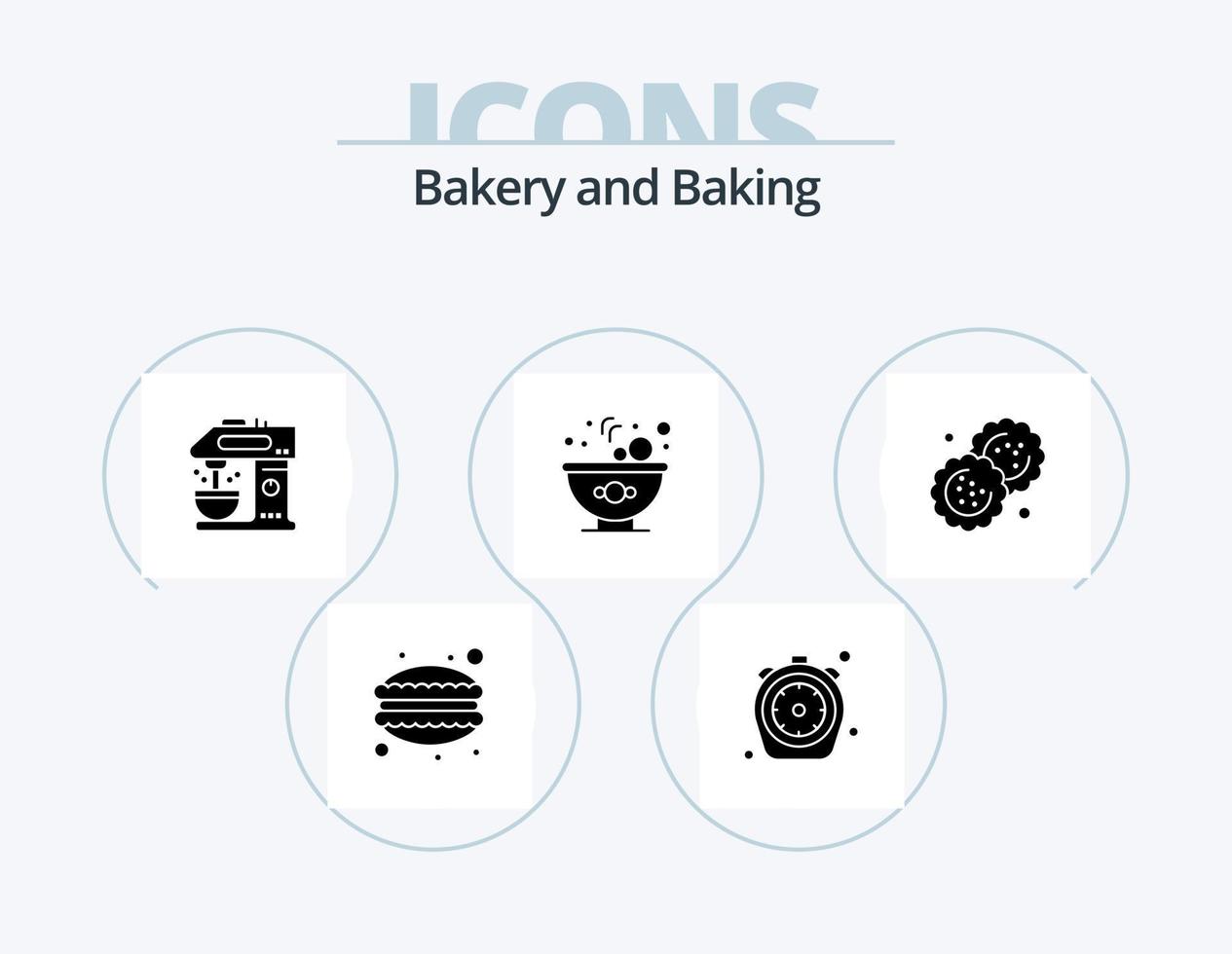 bakning glyf ikon packa 5 ikon design. kex. sallad. timer. mat. dryck vektor