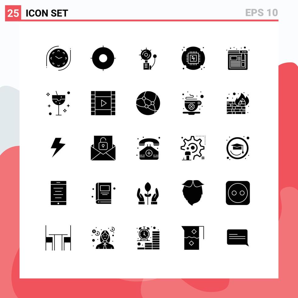 moderner Satz von 25 soliden Glyphen und Symbolen wie bearbeitbare Vektordesign-Elemente für Browser-Hardware-Warnprozessor-Chips vektor