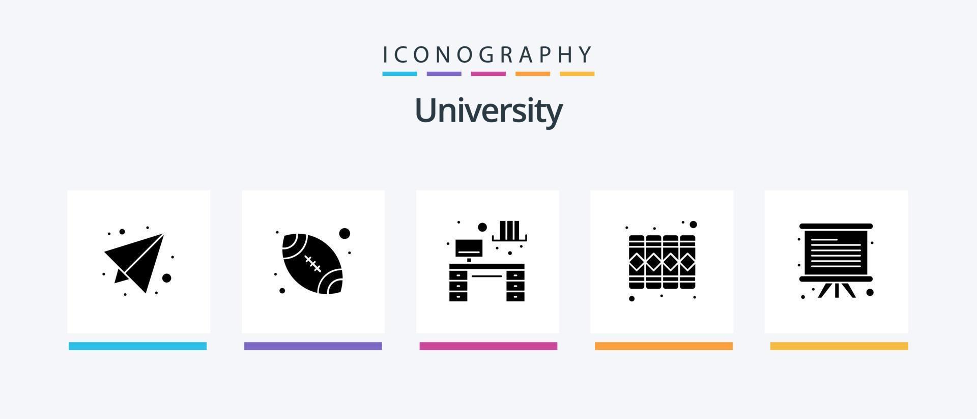 universitet glyf 5 ikon packa Inklusive styrelse. interiör. spela in. dokumentera. kreativ ikoner design vektor