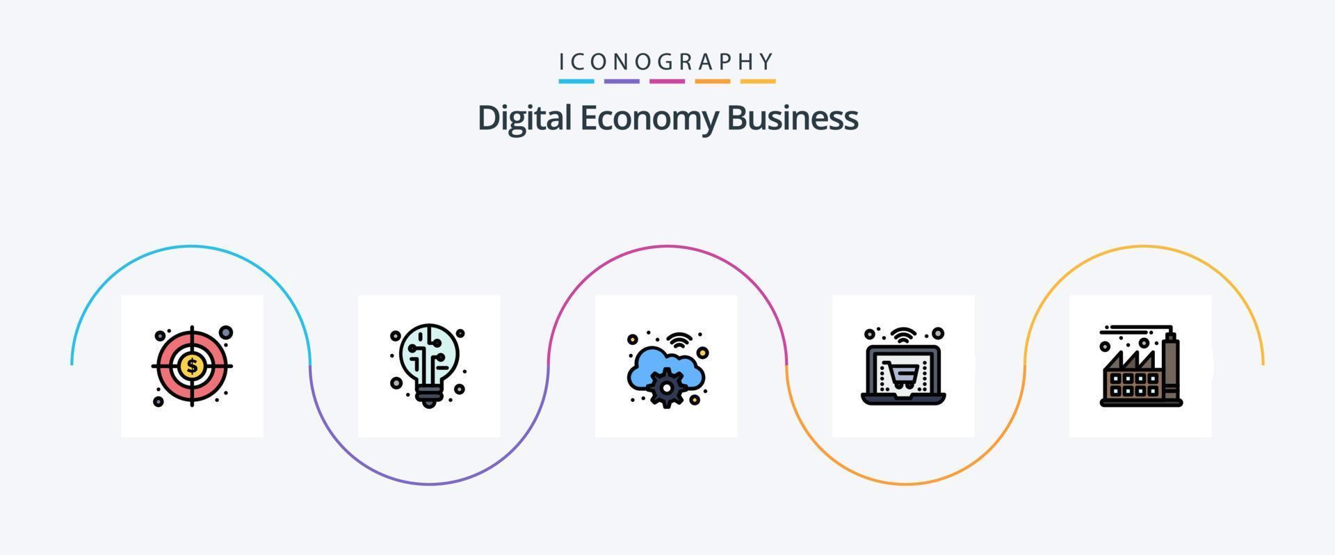 Digital Economy Business Line gefüllt Flat 5 Icon Pack inklusive. Wirtschaft. W-lan. Fabrik. Laptop vektor