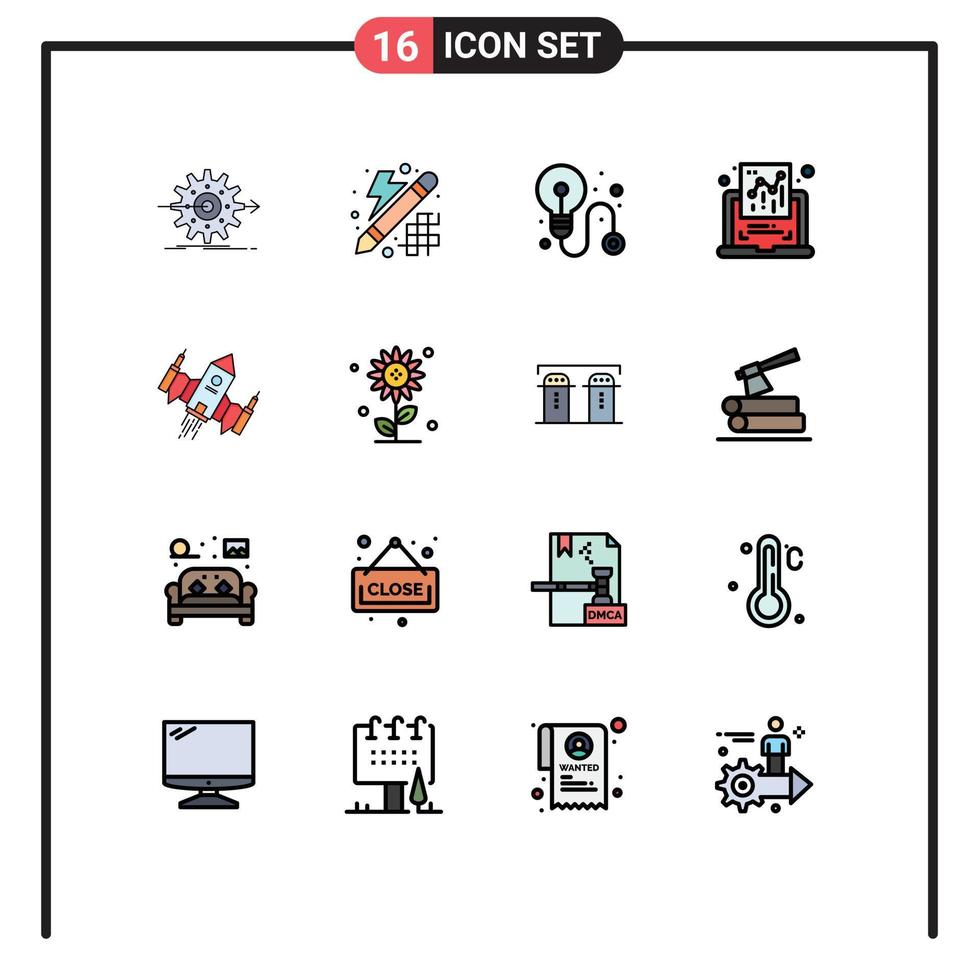 flache, farbgefüllte Linienpackung mit 16 universellen Symbolen des Raumschiffberichts denkendes Diagrammdiagramm editierbare kreative Vektordesignelemente vektor