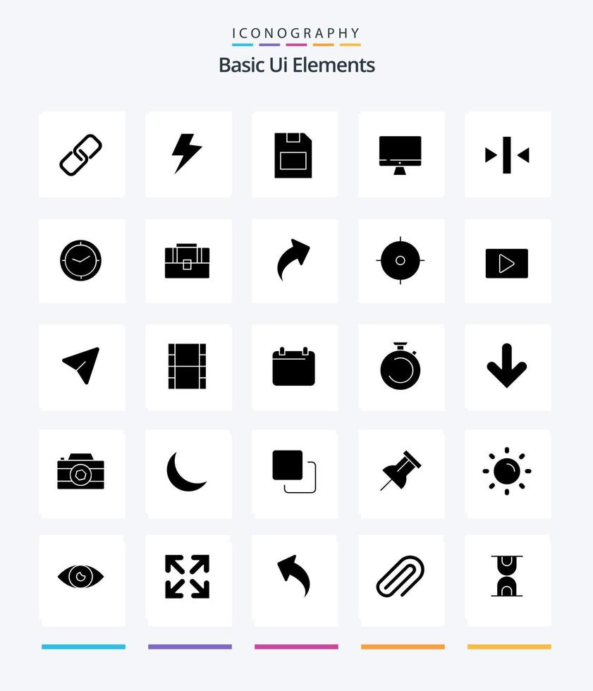 kreative grundlegende ui-elemente 25 glyph solid black icon pack wie back. spielen. Speicherkarte. Hardware. Monitor vektor