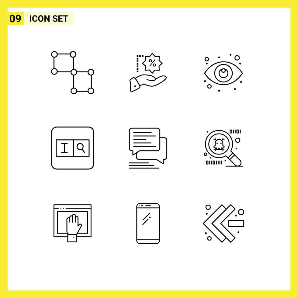 moderner Satz von 9 Umrissen Piktogramm von Nachrichten Chat Auge Textfeld Form editierbare Vektordesign-Elemente vektor