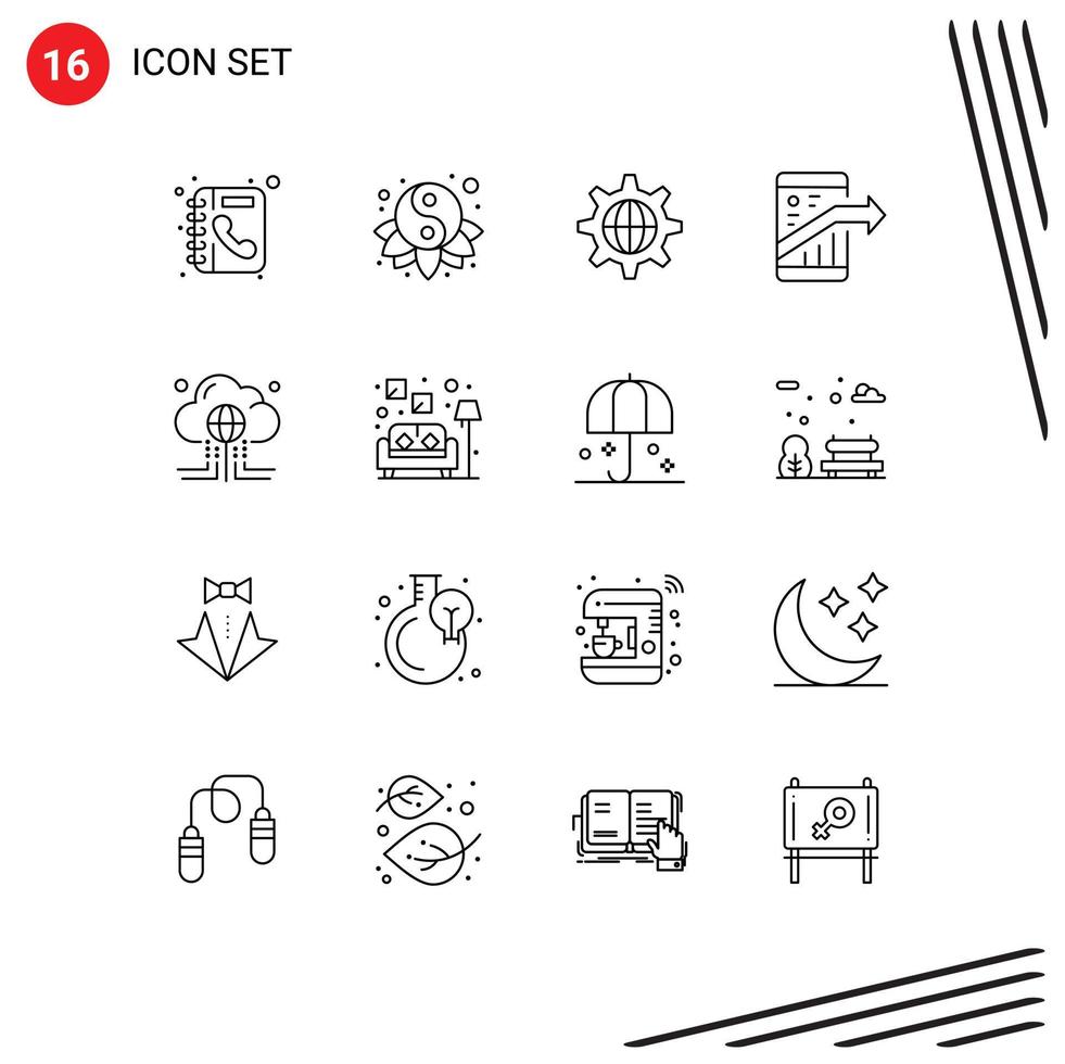 Gliederungssatz für mobile Schnittstellen mit 16 Piktogrammen von bearbeitbaren Vektordesignelementen für Cloud-SEO-Sicherheitsmarketing-Pfeil vektor