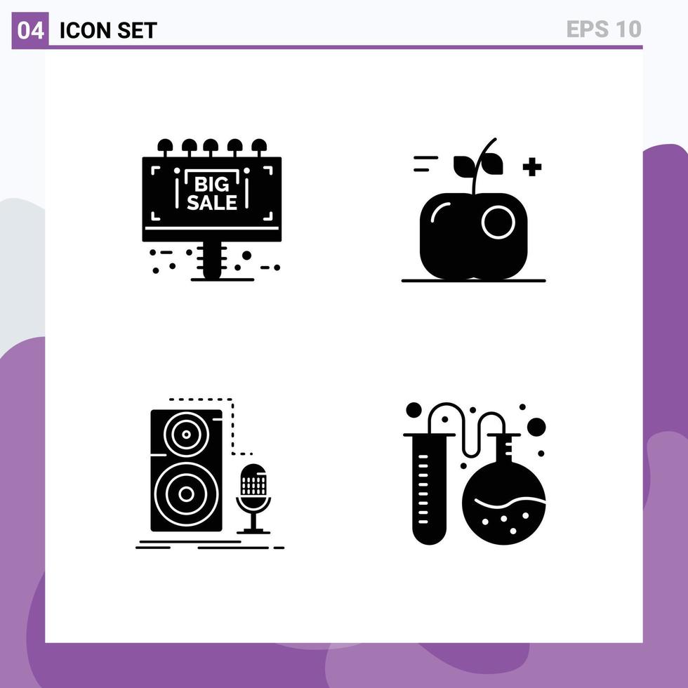 Piktogramm-Set aus 4 einfachen soliden Glyphen von Info-Mikrofon-Verkaufstafeln für Lebensmittelaufzeichnungen, editierbare Vektordesign-Elemente vektor