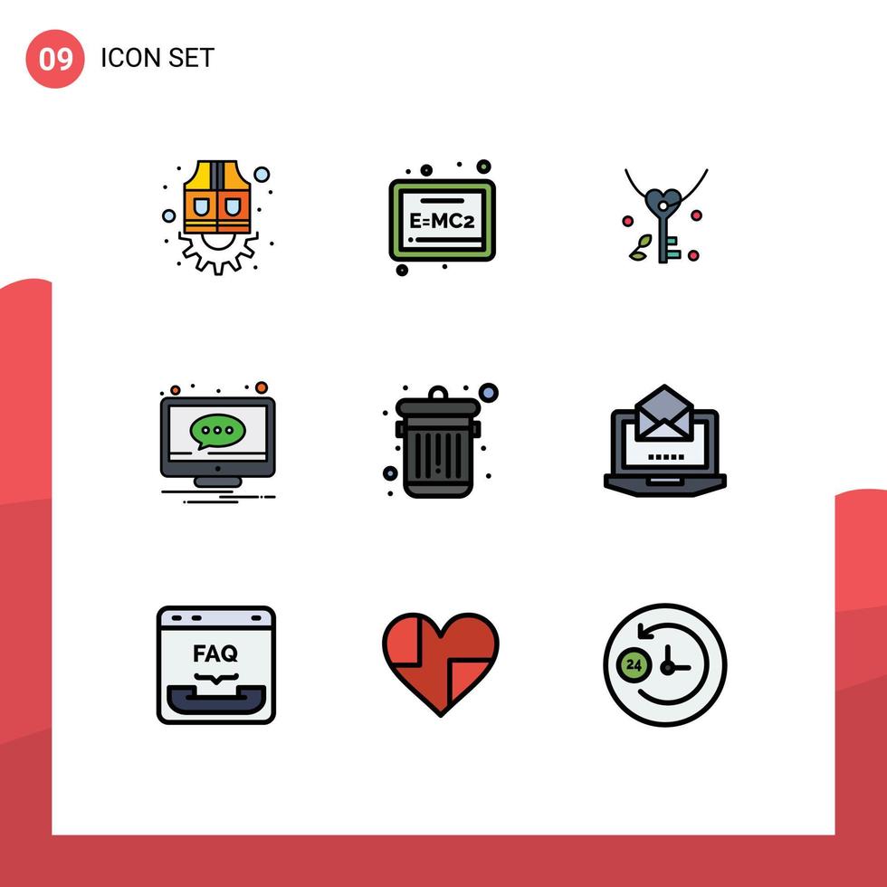 piktogram uppsättning av 9 enkel fylld linje platt färger av soptunna skärm kärlek underrättelse kommentar redigerbar vektor design element