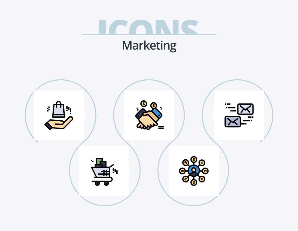 Marketing-Linie gefüllt Icon Pack 5 Icon-Design. Einkaufstasche. und. Geld. Nachricht. Post vektor