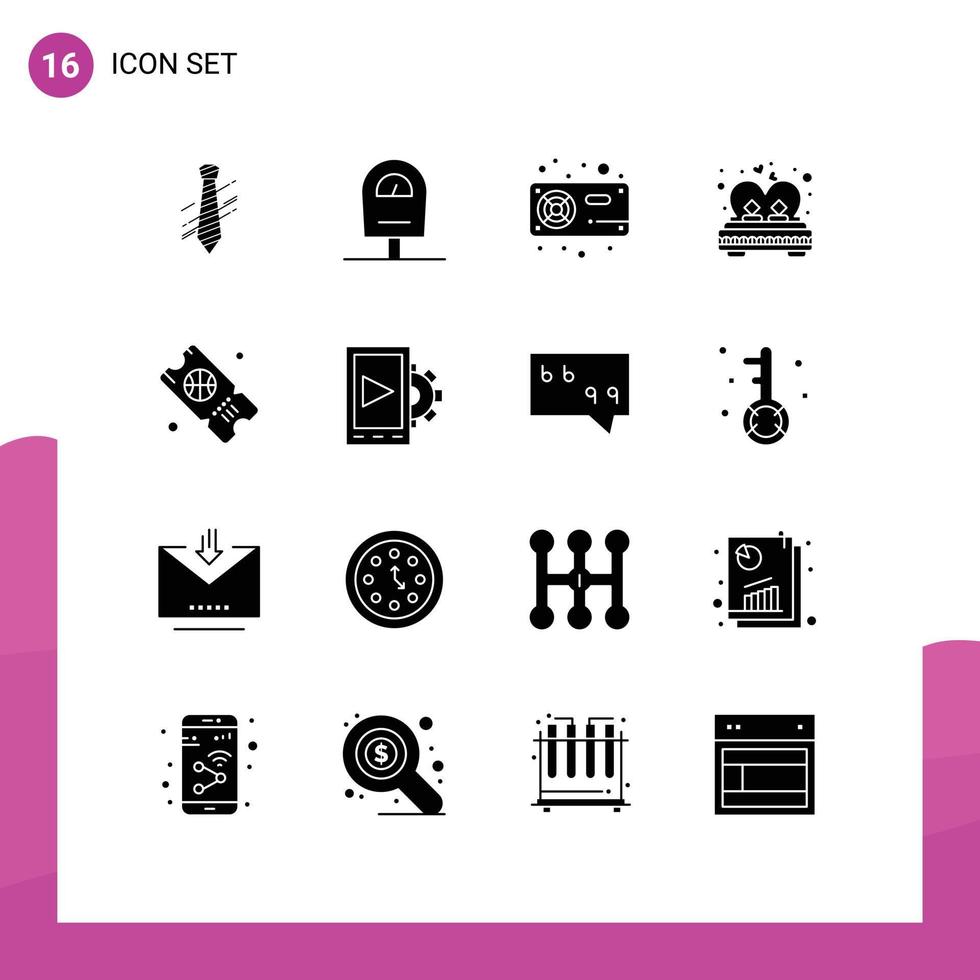16 solides Glyphenpaket der Benutzeroberfläche mit modernen Zeichen und Symbolen der Romantik Liebe Computer Paar vga editierbare Vektordesign-Elemente vektor