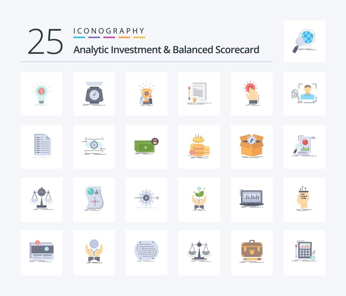 Analytische Investition und Balanced Scorecard 25 flache Farbsymbolpakete inklusive Vertrag. Geschäft. Waage. Trophäe. Tasse vektor