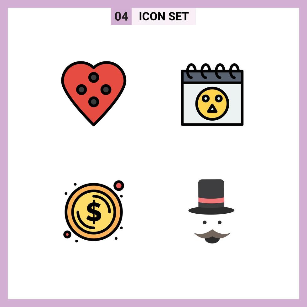 Benutzerschnittstellenpaket mit 4 grundlegenden Filledline-Flachfarben von Button-Münzen-Herz-Button-Halloween-Geld-editierbaren Vektordesign-Elementen vektor
