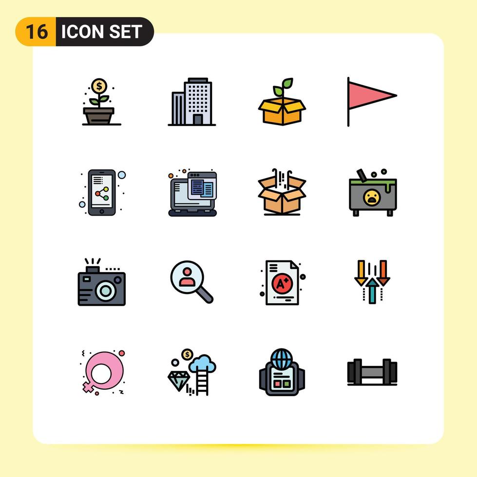 Gruppe von 16 modernen, flachen, farbgefüllten Linien, die für die gemeinsame Nutzung mobiler Ökologiemarken gesetzt werden, editierbare kreative Vektordesign-Elemente des Landes vektor