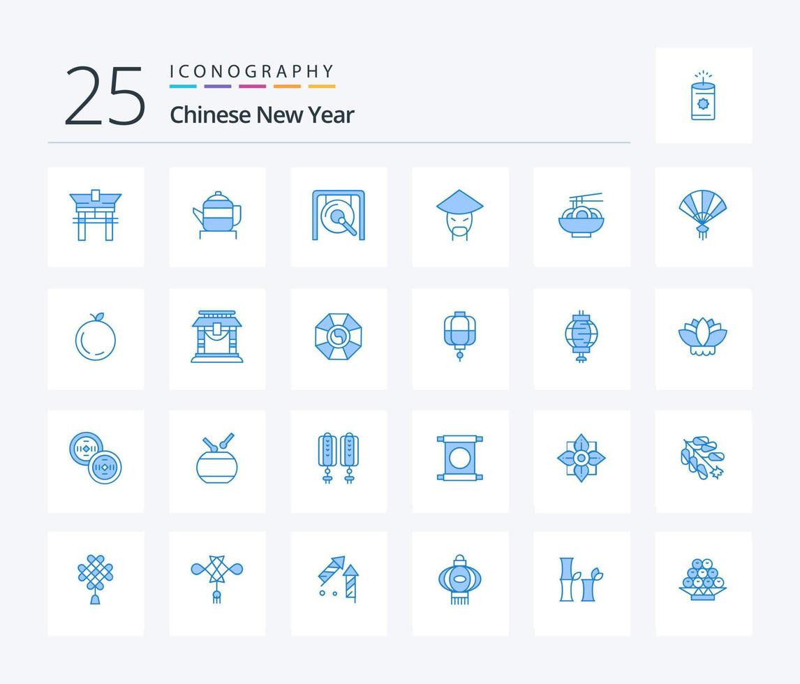 chinesisches neues jahr 25 blaue farbe icon pack inklusive lebensmittel. Chinesisch. Gong. Mönch. Kaiser vektor