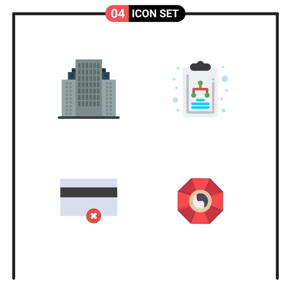 4 flaches Icon-Pack der Benutzeroberfläche mit modernen Zeichen und Symbolen von Adresszahlungen Firmenorganisationsdiagramm Feng Shui editierbare Vektordesign-Elemente vektor