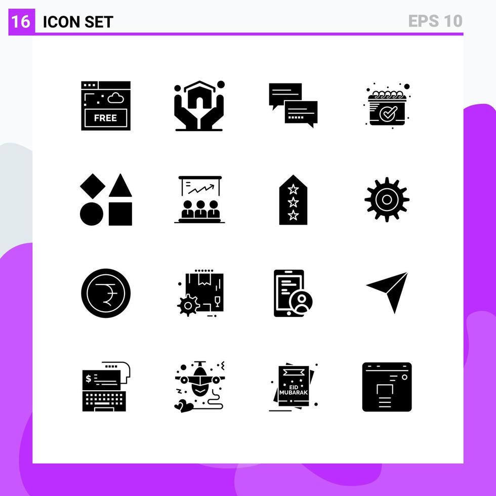 Piktogrammsatz aus 16 einfachen soliden Glyphen von Formen Ziegeln Chat Zeitplan Kalender editierbare Vektordesign-Elemente vektor