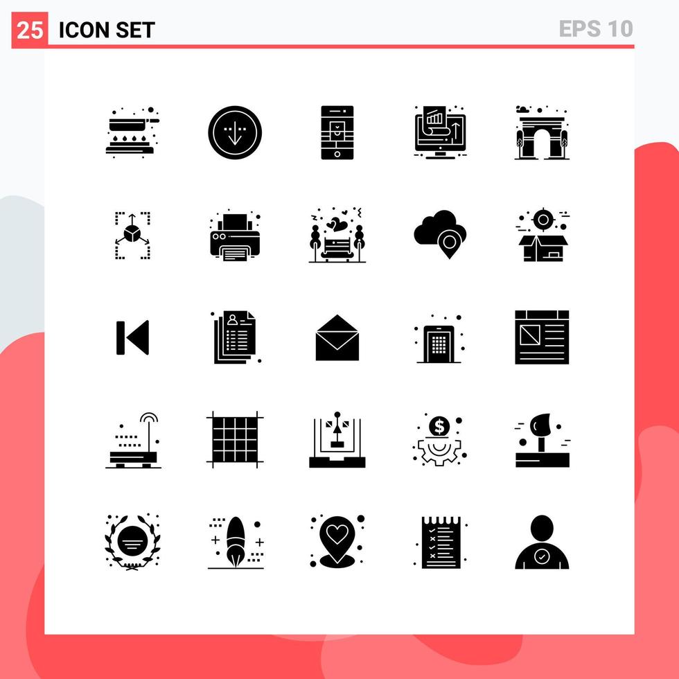 Satz von 25 Vektor-Solid-Glyphen im Raster für Video-bearbeitbare Vektordesign-Elemente des Leistungswachstums-Schnittstellendiagramms vektor