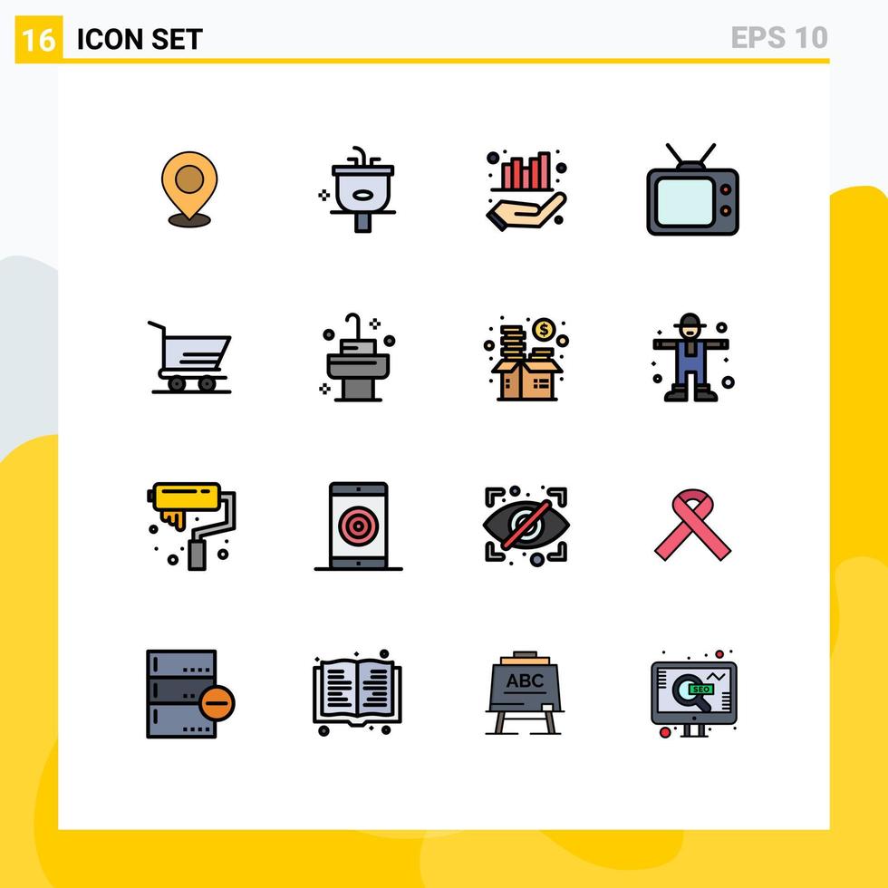 modern uppsättning av 16 platt Färg fylld rader pictograph av tv Graf handfat förvaltning tvätta redigerbar kreativ vektor design element
