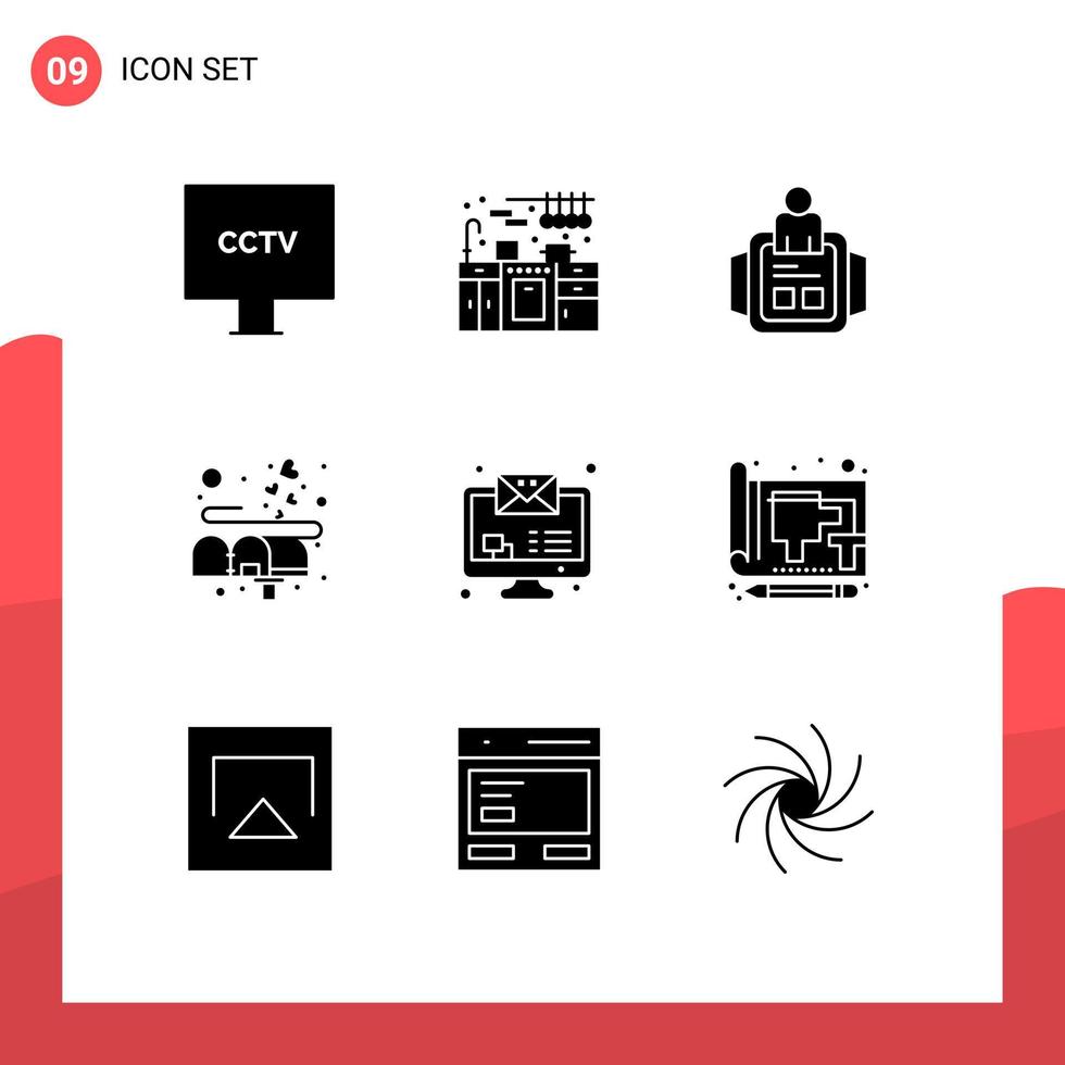 moderner Satz von 9 soliden Glyphen und Symbolen wie Nachricht Mail Handuhr Liebesbox editierbare Vektordesign-Elemente vektor