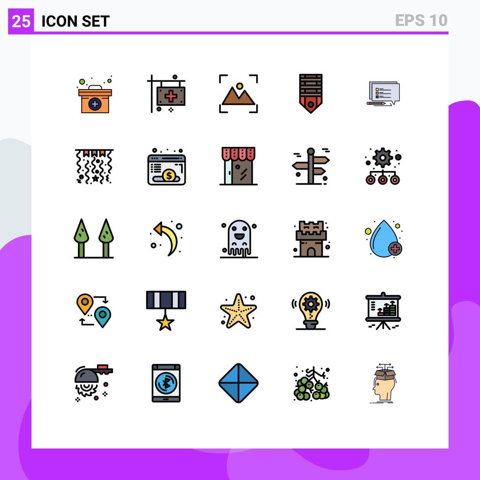 25 universelle, gefüllte Linien-Flachfarben für Web- und mobile Anwendungen, bearbeitbare Vektordesign-Elemente für Krankenhaus-Militärfotografie vektor