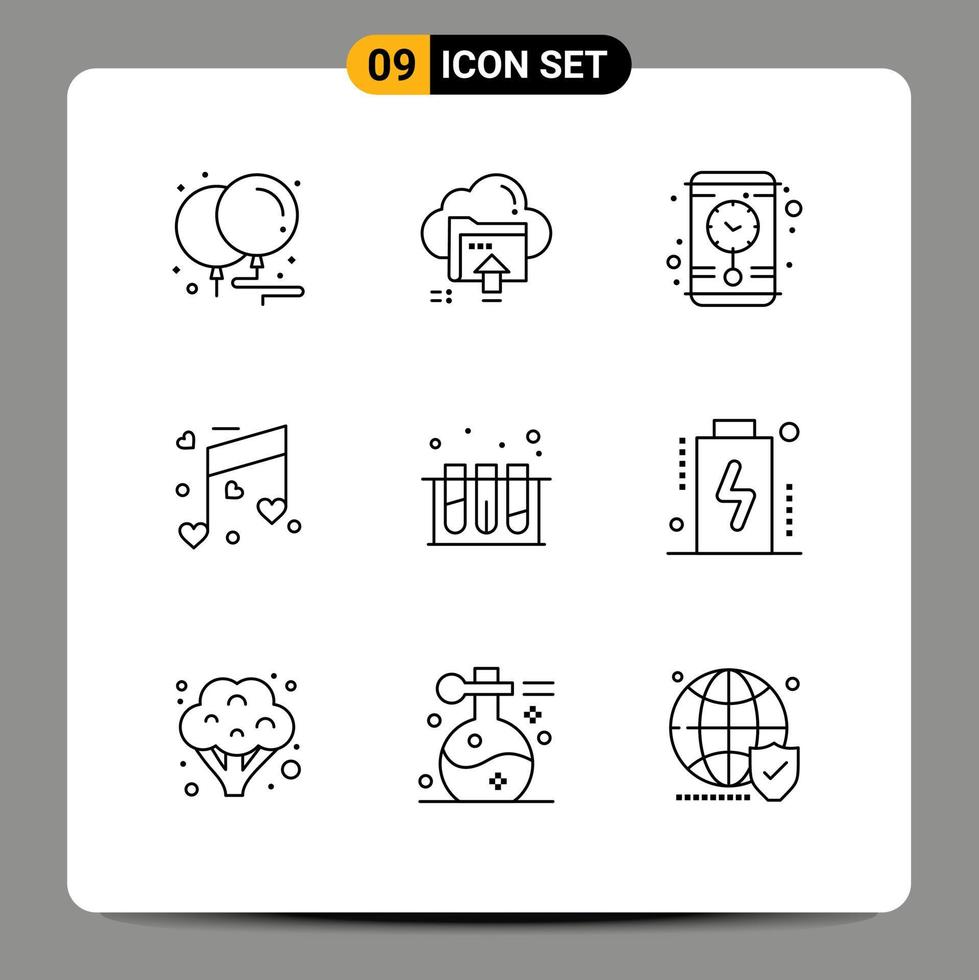 Stock Vector Icon Pack mit 9 Zeilenzeichen und Symbolen für Laborhochzeiten, die Herzmusik berechnen, editierbare Vektordesign-Elemente