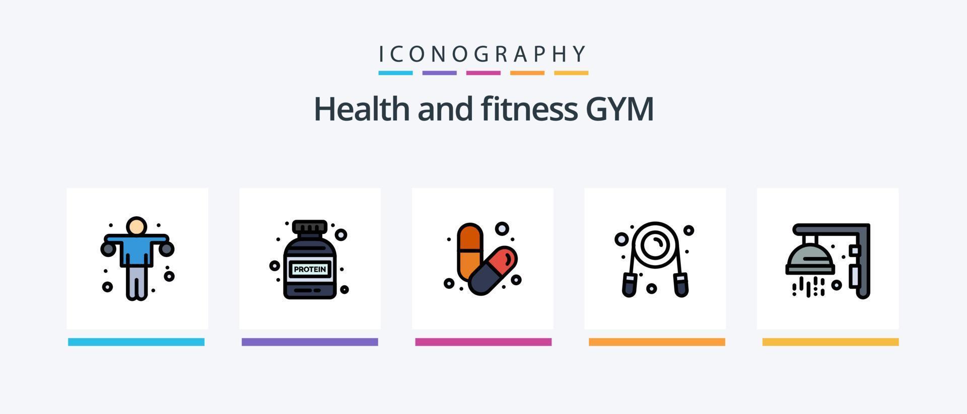 Gym Line gefüllt 5 Icon Pack inklusive Zyklus. Fahrrad. Fitnessstudio. Pillen. Gesundheit. kreatives Symboldesign vektor