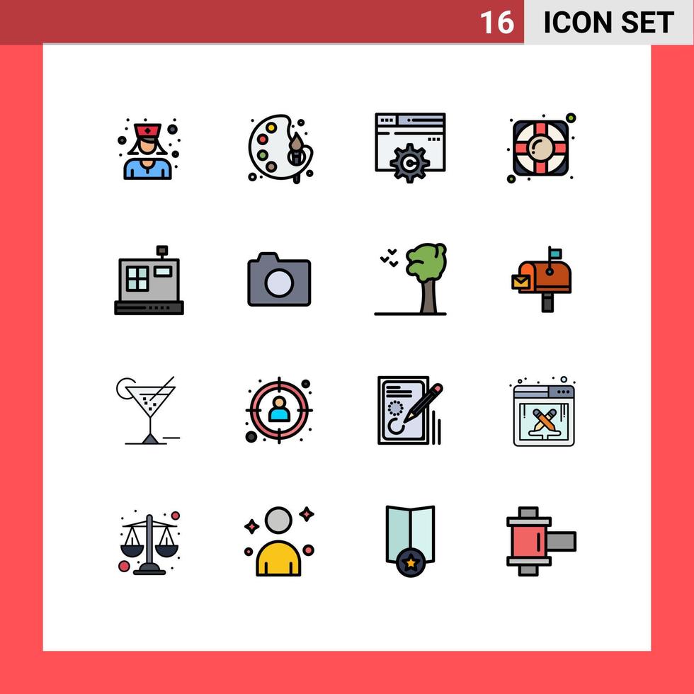 Piktogramm-Set aus 16 einfachen, flachen, farbgefüllten Linien von Kamera-Commerce-Design-Kassenlebensretter editierbare kreative Vektor-Design-Elemente vektor