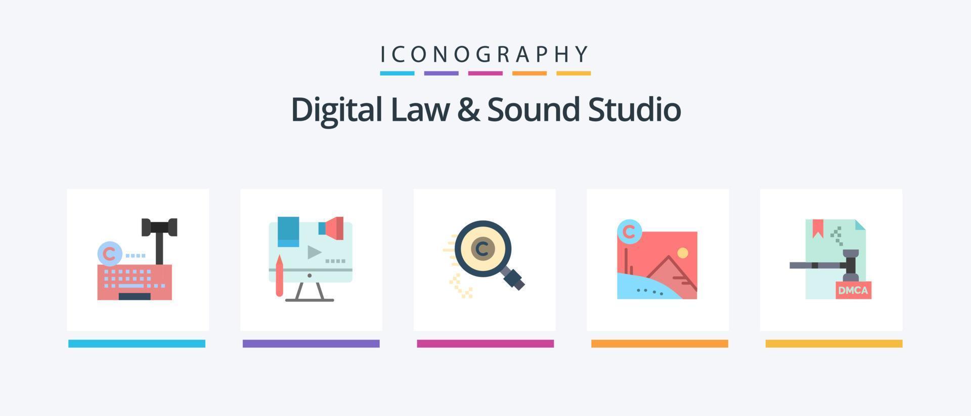 Digital Law and Sound Studio Flat 5 Icon Pack inklusive Copyright. Kunstwerk. Digital. Eigentum. finden. kreatives Symboldesign vektor
