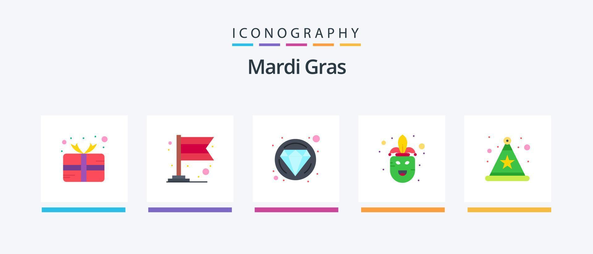 Mardi Gras Flat 5 Icon Pack inklusive. Hut. Diamant. Feier. Karneval. kreatives Symboldesign vektor