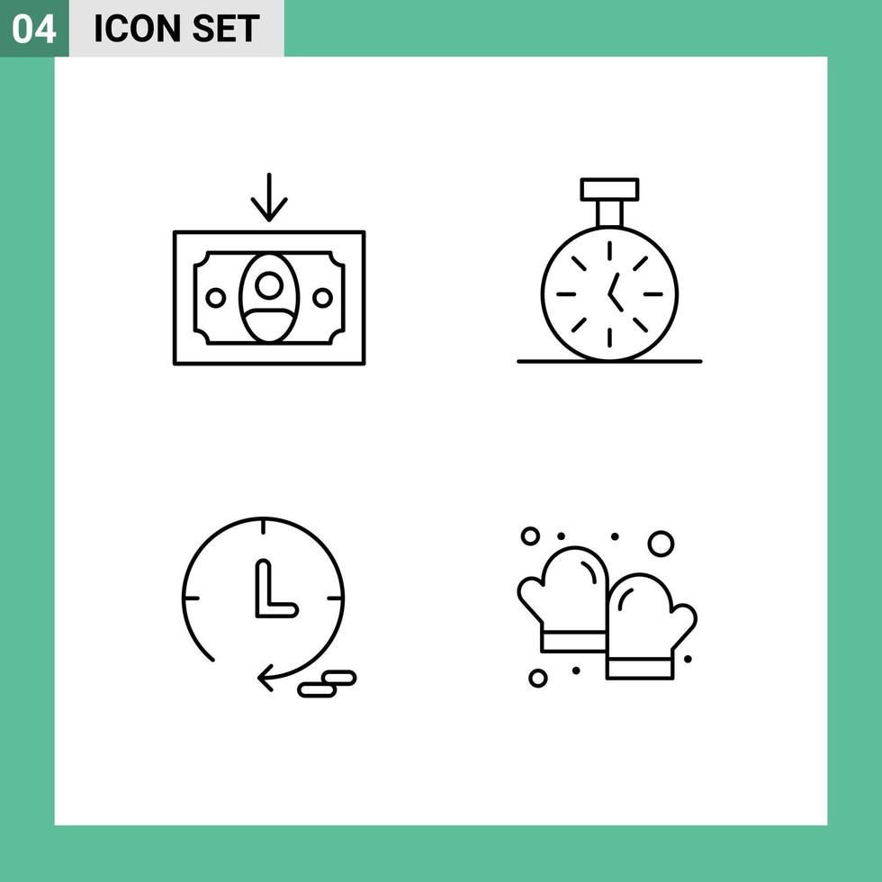 moderner Satz von 4 gefüllten flachen Farben Piktogramm der Bargelduhr Stoppuhr zählen Backen editierbare Vektordesign-Elemente vektor