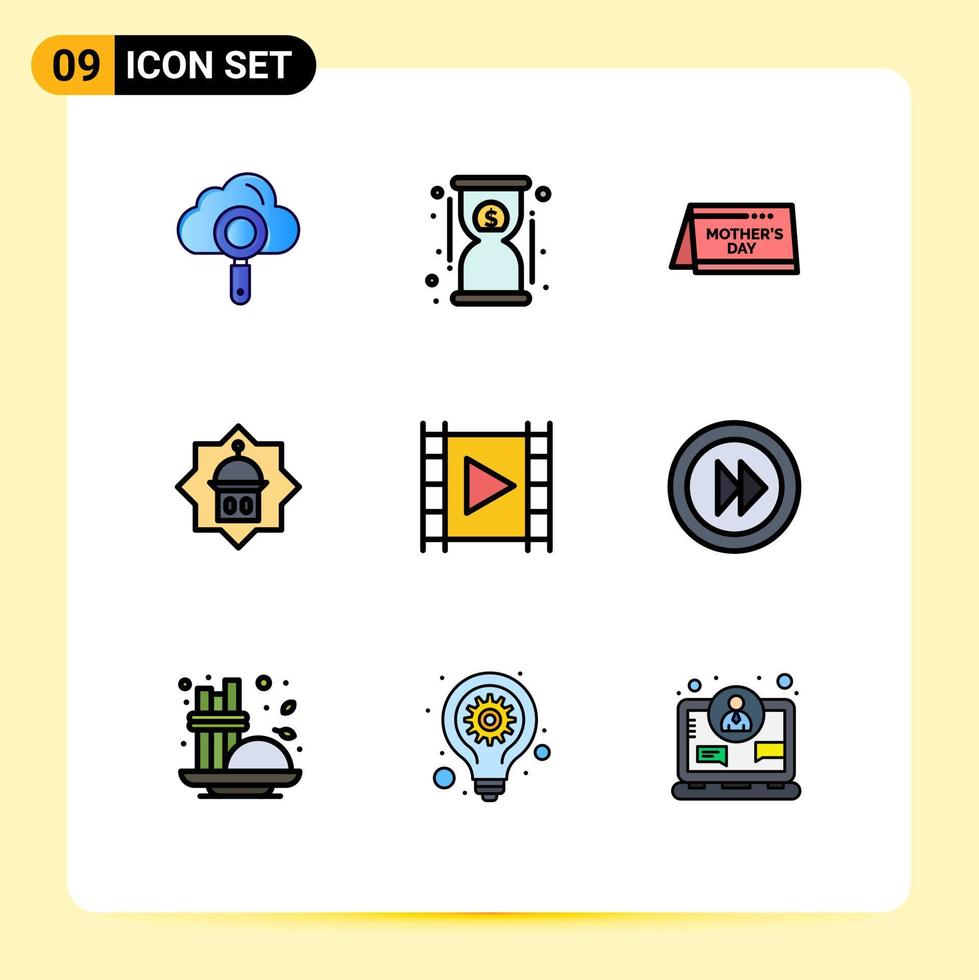 grupp av 9 fylld linje platt färger tecken och symboler för media islam kalender masjid moské redigerbar vektor design element