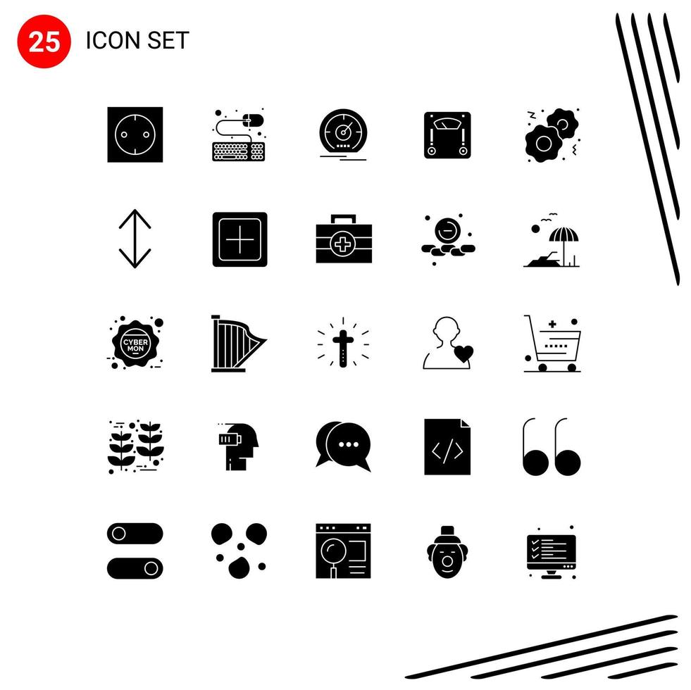 Gruppe von 25 soliden Glyphenzeichen und Symbolen für bearbeitbare Vektordesign-Elemente für Dashboard-Waage von Lebensmittelgewichten vektor